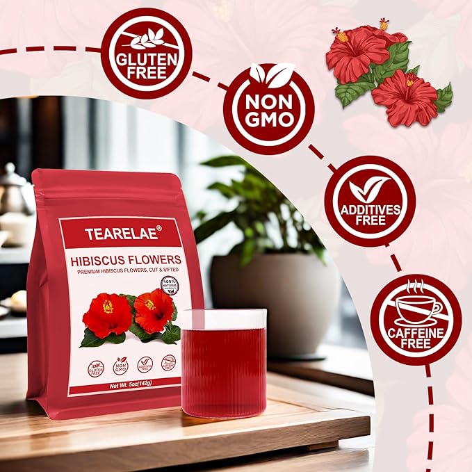 TEARELAE - Hibiscus Flowers, 5oz/142g- Natural Hibiscus Tea Loose Leaf - Country of Origin Nigeria - Flor De Jamaica - Dried & Edible Flowers For Tea - Non-GMO - Caffeine-free - Support Heart Health