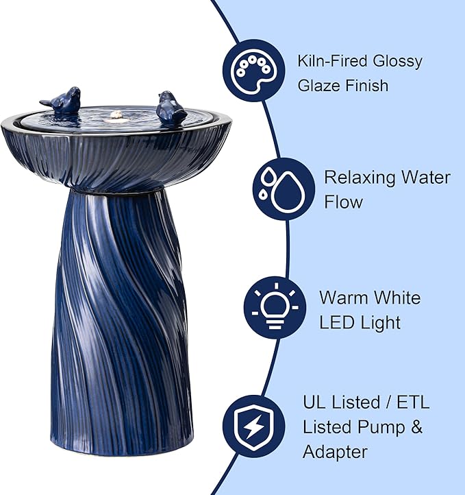 Glitzhome 24.75" H Outdoor Water Fountain with LED Light, Cobalt Blue Two Birds Twist Textured Floor-Standing Fountains, Ceramic Embossed Pattern Pedestal Water Fountain for Yard Patio Backyard