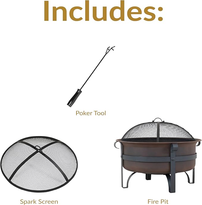 Sunnydaze 29-Inch Wood-Burning Outdoor Fire Pit - Bronze Cauldron Wood Fire Pit for Outside - Includes Poker and Spark Screen