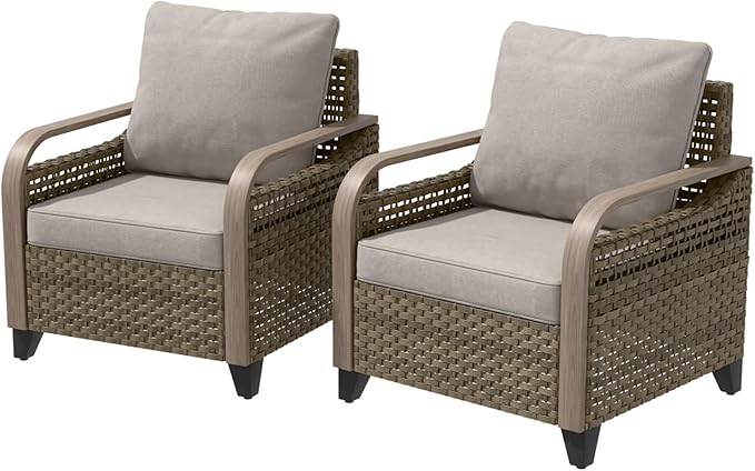 EAGLE PEAK Modern Wicker Outdoor Chair, Patio Chair Curved Armrest, Rattan Patio Furniture for Yard Deck Porch Garden, 2 Chairs, Brown/Gray