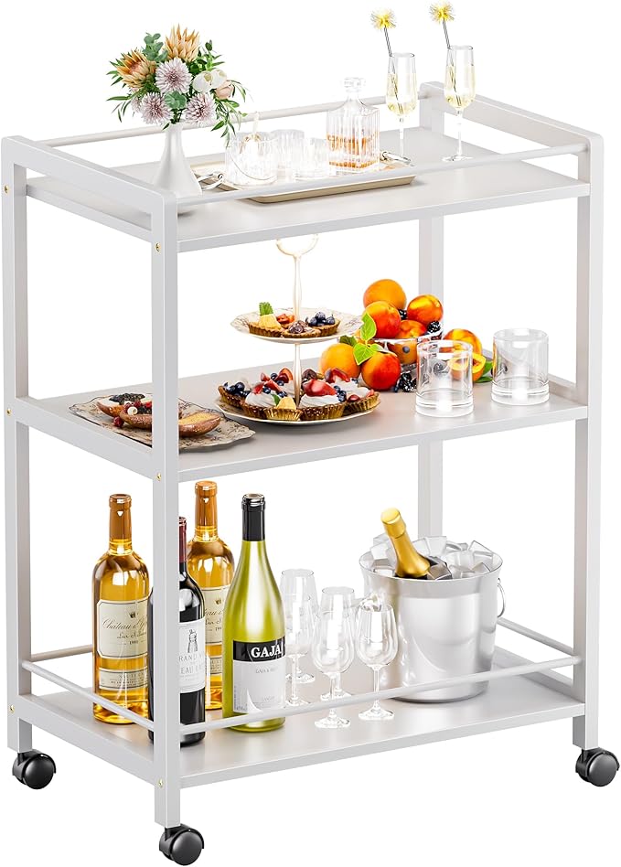 HITNET White Bar Cart, Home Bar Serving Cart, Kitchen Trolley on Wheels with Storage, 3 Tier Rolling Beverage Cart for Living Room Kitchen Home Office
