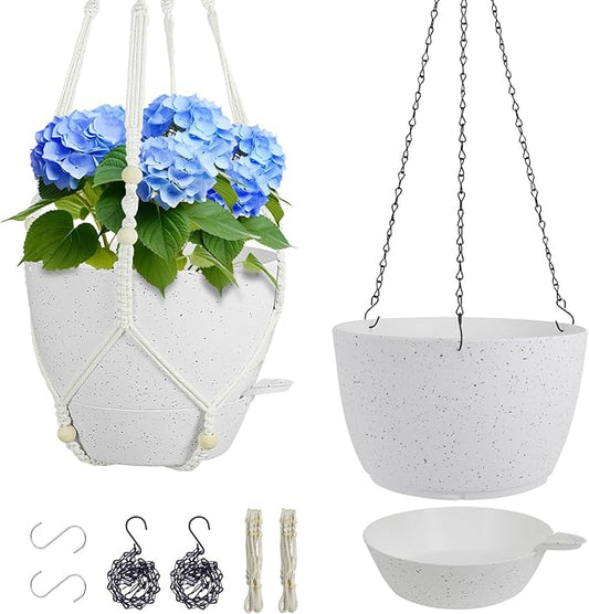 10 inch Self Watering Hanging Planters, 2 Pack Hanging Baskets for Indoor Outdoor Plants, Hanging Flower Pots with Drainage Holes and 2 Kinds of Plant Hangers for Garden Decor, Speckled White