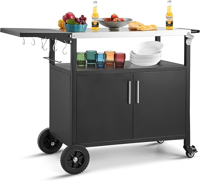Outdoor Grill Cart with Storage Movable Grill Cart Outdoor Kitchen Island Pizza Oven Table Food Prep Table with Wheels Storage Cabinet for Outside Patio Backyard Garden