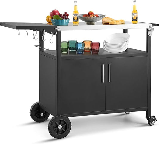 Outdoor Grill Cart with Storage Movable Grill Cart Outdoor Kitchen Island Pizza Oven Table Food Prep Table with Wheels Storage Cabinet for Outside Patio Backyard Garden