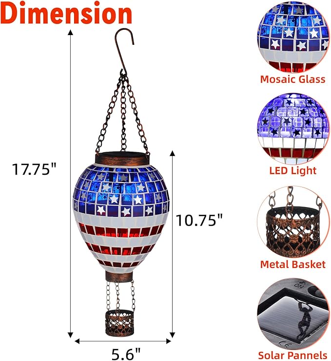 VOREEN American Flag Hot Air Balloon Solar Lantern, Mosaic Solar Outdoor Hanging Wind Light, IP44 Waterproof, Patio Festive Decor, Patriotic Theme, Easter Gifts for Mom Grandma