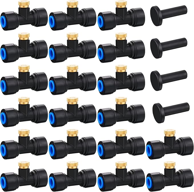 Hotop Brass Misting Nozzles 1/4 Inch Sliding Lock Mister Nozzles Tees with Plugs for Outdoor Cooling System Misting System(20 Pieces)