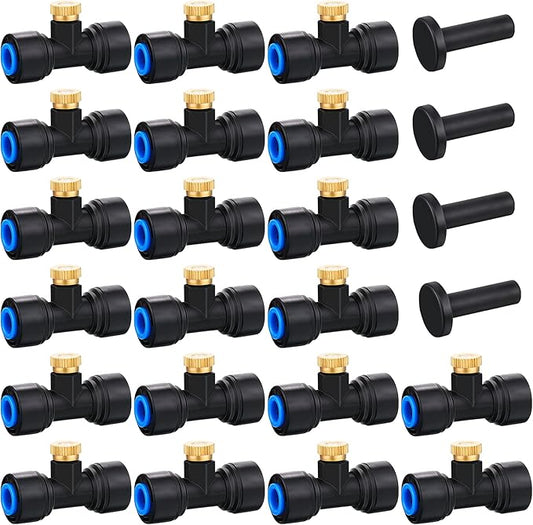 Hotop Brass Misting Nozzles 1/4 Inch Sliding Lock Mister Nozzles Tees with Plugs for Outdoor Cooling System Misting System(20 Pieces)