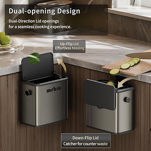 MRBIN Stainless Steel Compost Bin Countertop with Lid, Hanging Trash Can for Kitchen Cabinet Door, Wall Mounted Indoor Recycle Basket Food Waste Scrap Dustbin for Kitchen Under Sink with Inner Bucket