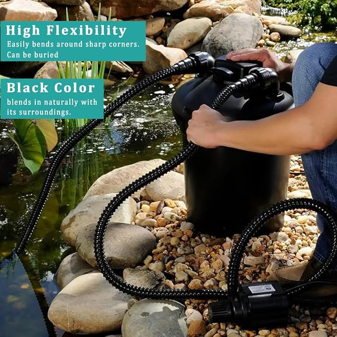 Pond Tubing ID 1 1/2” × 20ft Black Corrugated Flexible Reinforced Waterfall Pond Tube Sump Pump Hose, Non-toxic & Kinkproof (20 ft, 1 1/2" ID 38mm)