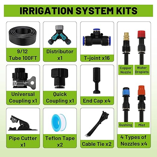 Garden Drip Irrigation Kit, 100ft Black Hose, 360° Pure Copper Closeable Nozzle, Patio Misting Plant Watering Sprinkler, Faucet Separator, Sprinkler Hose Adapter (16 360° nozzles + 16 T-connectors)