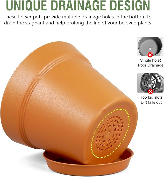 6 inch Small Plastic Nursery Pots, Seedling Pots, 16 Pack Plant Pots for Indoor Outdoor Plants, Flower Pots with Drainage Holes and Saucers, Decorative Planters for House Plants, Terracotta