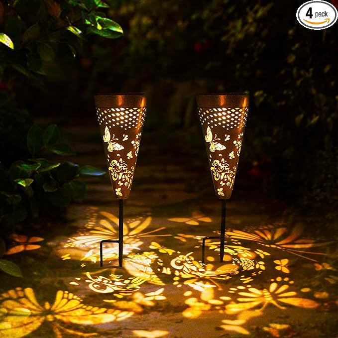DIBIEECN 4 Pack Butterfly Solar Garden Pathway Lights Outdoor,Metal Garden Decorations Outdoor Lights with Patterns and Warm Light,Waterproof Landscape Lighting for Path Patio Backyard Yard