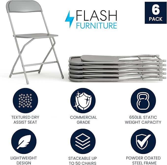 Flash Furniture Hercules Series Plastic Folding Chair - Grey - 6 Pack 650LB Weight Capacity Comfortable Event Chair-Lightweight Folding Chair