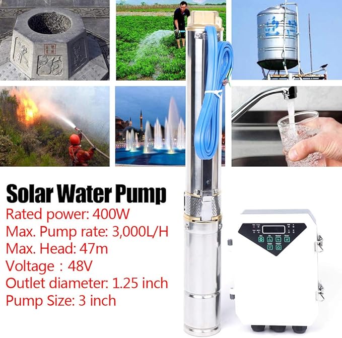 Deep Well Submersible Pump, 400W DC 48V Solar Water Pump 3Inch Stainless Steel Submersible Well Pump, Maximum Head 154.2ft for Farm Ranch Irrigation
