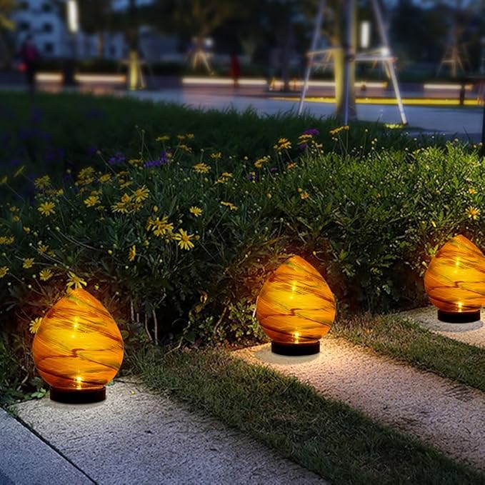 Table Solar Lanterns Outdoor Waterproof LED Desktop Decorative Lanterns 6.7" Glass Solar Globe Lights,Outdoor Garden Lights for Patio Porch Table Decor Gardening Gifts for Women(Orange)