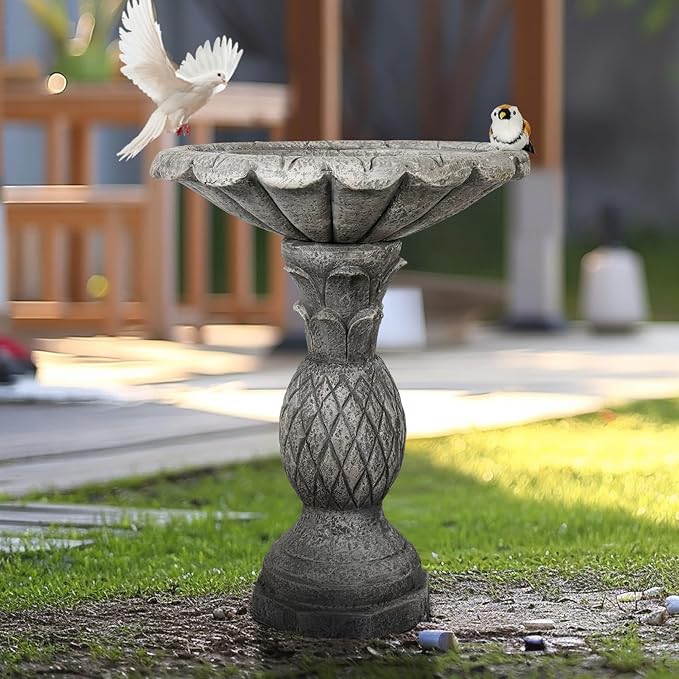 watnature 24.8" H Cement Modern Outdoor Bird Bath - Fibre Reinforced Concrete Bird Baths for Garden, Large Size Elegant Carved Garden Birdbaths with Pedestal for Patio, Backyard, Lawn Decor