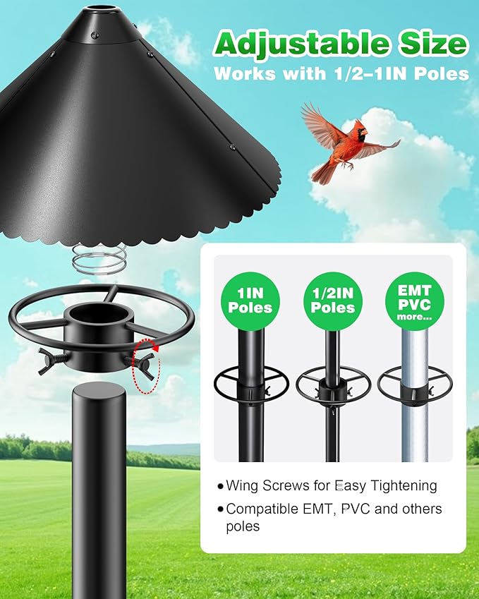 Metal Squirrel Baffle - Heavy Duty Squirrel Baffle for Bird Feeder Pole - Chew Proof Squirres Guard with Spring for Better Defense, Outside Pole Mount for Bird Feeder, 19 Inch