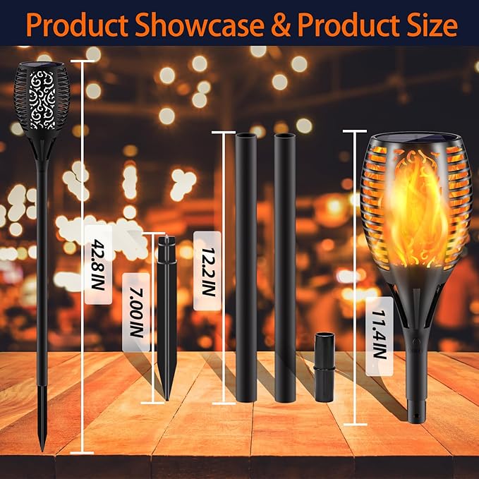 Solar Lights Upgraded 43" Tiki 96 LED Waterproof Flickering Flames Torch Lights Outdoor Solar Spotlights Landscape Decoration Lighting Dusk to Dawn Auto On/Off Security Torch Light (4 Pack)