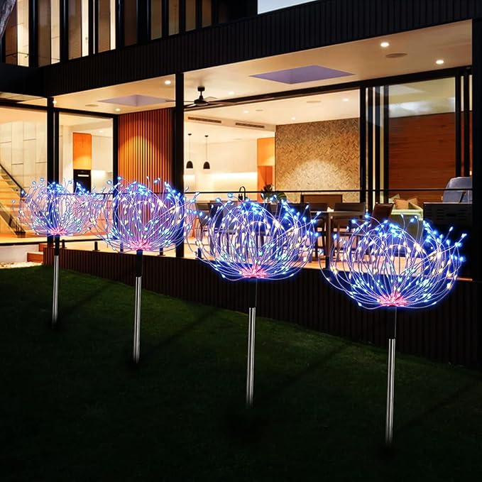 5 Pack Outdoor Solar Garden Lights, Solar Firework Lights 600 LED Waterproof Lamps Decorative, Fireworks Lamp 8 Modes Landscape Lights with Remote for Pathway Backyard Walkway Patio Christmas Party
