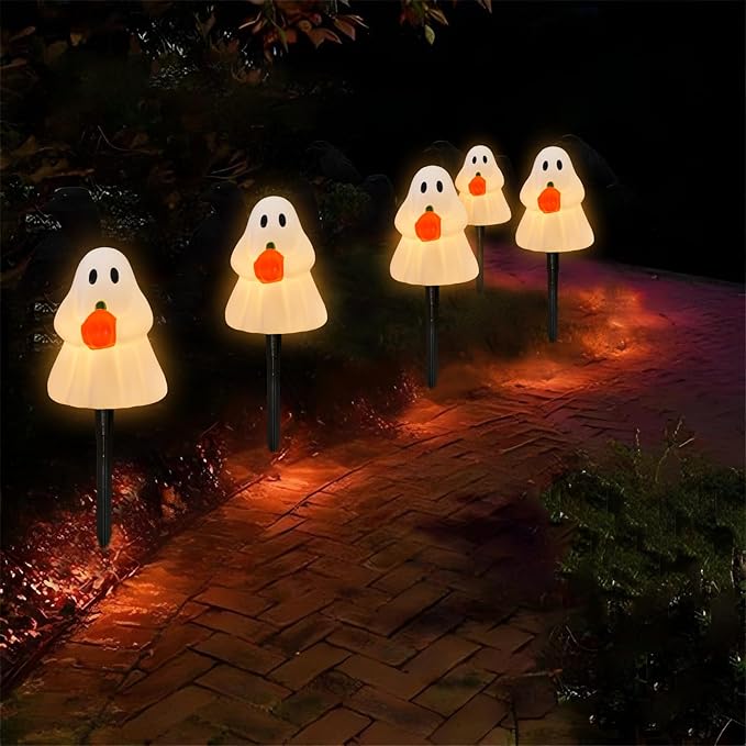 C7 Halloween Ghost Pathway String Lights, 7Ft Outdoor Halloween Decorations Lights with 4 Elves Holding Pumpkin Walkway Lights Waterproof UL Listed for Outdoor Garden Yard Lawn Sidewalk Party Decor
