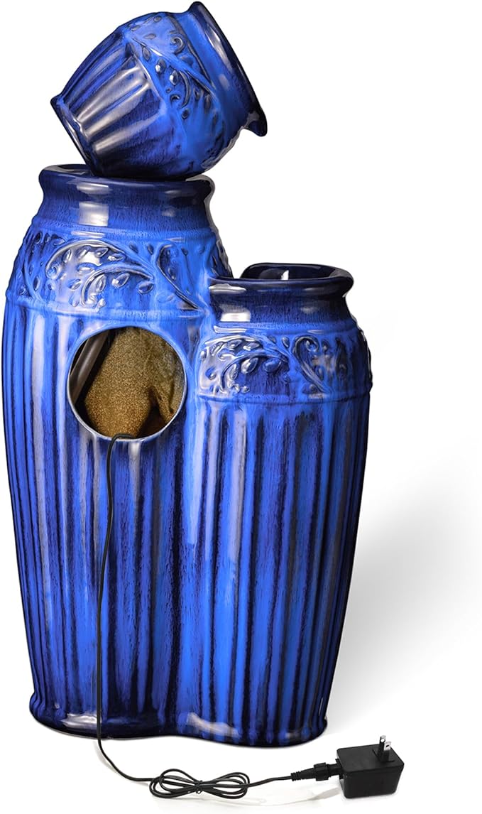 Glitzhome 27.25" H Outdoor Garden Water Fountain with LED Lights and Pump, 4 Tier Cobalt Blue Embossed Pattern Ceramic Pots Cascading Floor Standing Fountain for Porch Deck Patio Backyard Decoration