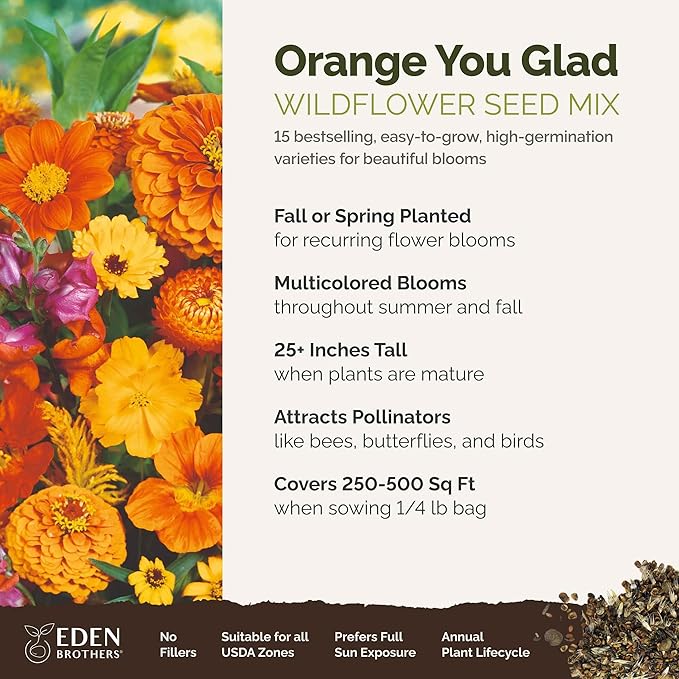 Eden Brothers Orange You Glad Flower Mixed Seeds for Planting, 1/4 lb, 120,000+ Seeds with Dahlia, Double Strawflower | Attracts Pollinators, Plant in Spring or Fall, Zones 3, 4, 5, 6, 7, 8, 9, 10