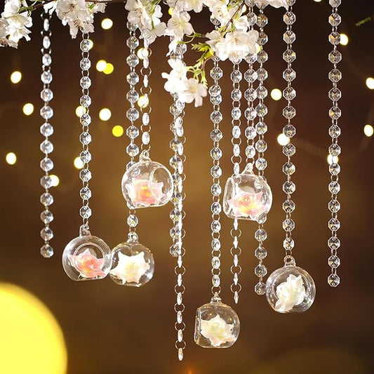 12 Sets Hanging Glass Candle Holder Wedding Glass Globe with Acrylic Gems Bead Garland Tea Light Holder Orbs Container for Flower Plants Micro Landscape DIY Xmas Tree Party Decoration 2.36 Inch