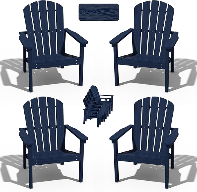 Stackable Adirondack Chair Set of 4, HDPE Outdoor Patio Chair - Durable and Space Saving, Suitable for Porches, Lawns or Garden, Navy