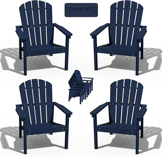 Stackable Adirondack Chair Set of 4, HDPE Outdoor Patio Chair - Durable and Space Saving, Suitable for Porches, Lawns or Garden, Navy