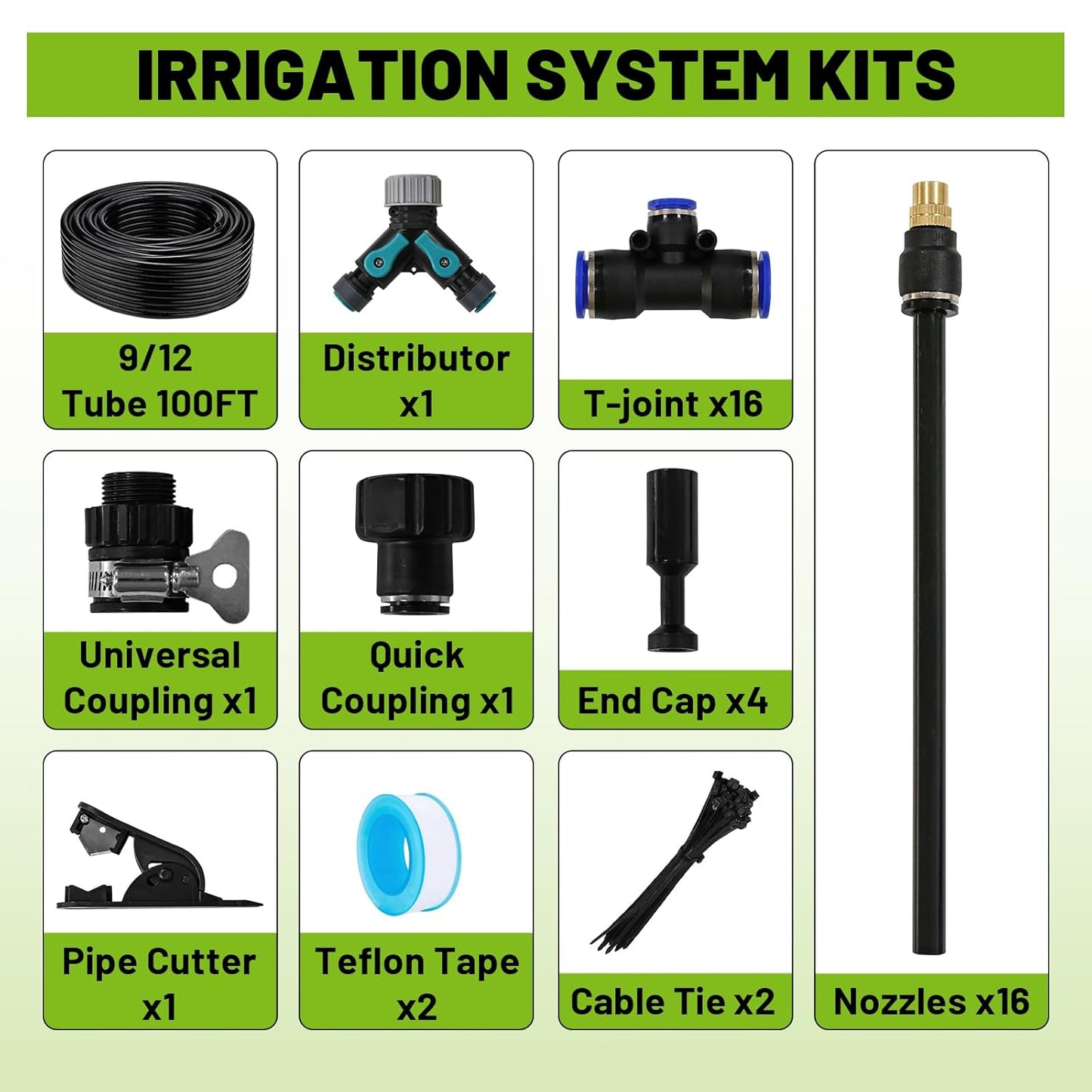 Drip Irrigation Kit - 100 FT. Hose Sprinkler System with 360° nozzles and T-connectors for Gardens, lawns, Plants, Flower beds, Trees, patios and hydroponics (Closeable nozzle-16)