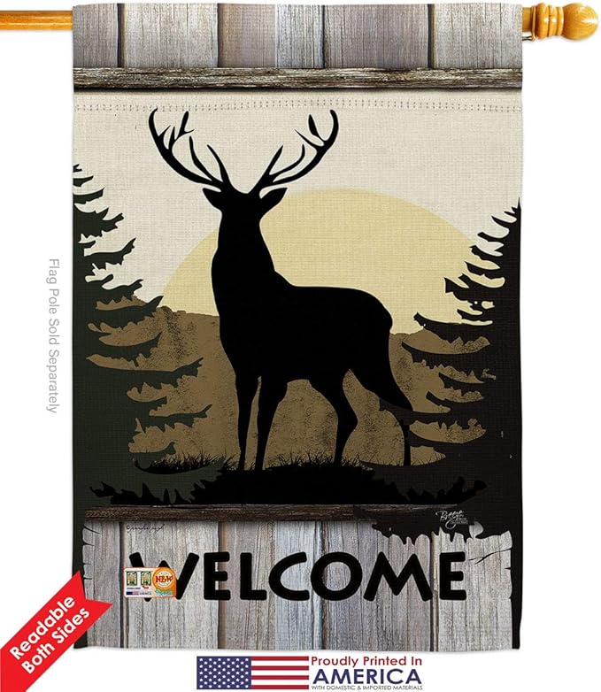 Welcome Deer Garden House Flags Kit Animals Wildlife Outdoor Bear Wolf Pet Nature Farm Animal Creature Small Decorative Gift Yard Banner Double-Sided Made In USA 28 X 40