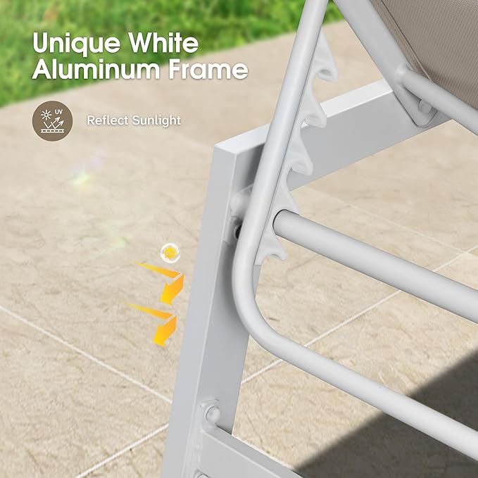 PURPLE LEAF Outdoor Chaise Lounge Adjustable Sunbathing Recliner with Side Table Khaki 2 Sets