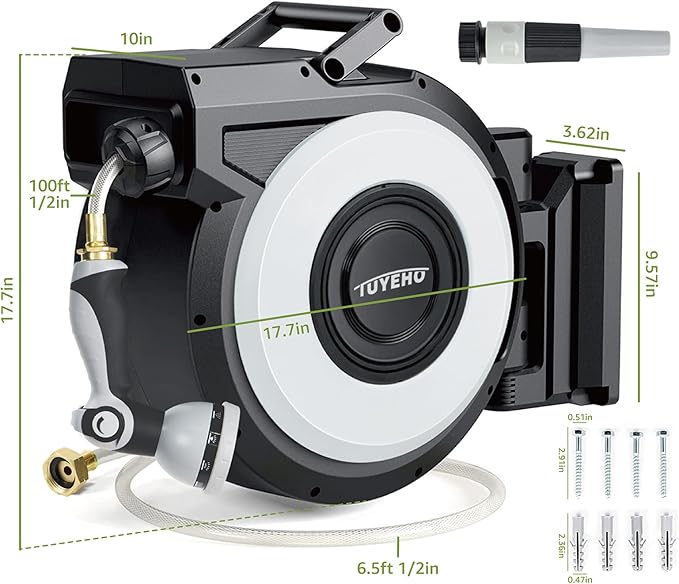 Tuyeho Retractable Garden Hose Reel 100FT, Wall Mount Heavy Duty Water Hose Reels with Automatic Slow Rewind System, Outdoor Hoses Reel with 2 Hose Nozzles for Garden Watering, Car Wash, Pet Shower