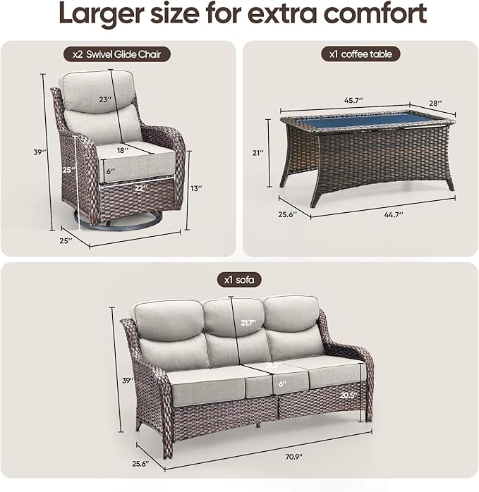 Swivel Patio Chairs sofa Set of 4 with 6" Thick Cushion - Wicker Outdoor Swivel Rocker Patio Chair ,Sofa/Glass coffee table, High Back Comfortable Outdoor Glider Chairs - Brown Wicker | Beige Cushions