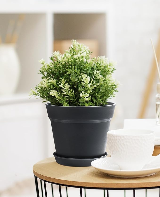 homenote Pots for Plants, 8 Pcs 7.5 Inch Plastic Planters with Multiple Drainage Holes and Tray - Plant Pots for All Home Garden Flowers Succulents, Matte Black