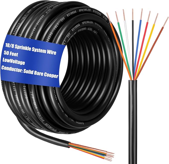 Hoolerry Solid Sprinkler System Wire 18 Gauge Irrigation Wire with UV Resistant PVC Jacket Sprinkler Cable for Underground Irrigation System Field Central Control System 30V, UL Listed (18/8, 50 Ft)