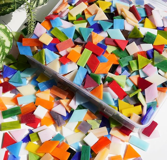 Lanyani Large Glass Tiles for Mosaic Crafts, 1.3 Pounds/250 Pieces Bright Opaque Stained Glass Tiles, Colorful Mosaic Tiles Pieces for Mosaic DIY Hobbies Home Decor, Versatile 4 Shapes Mixed