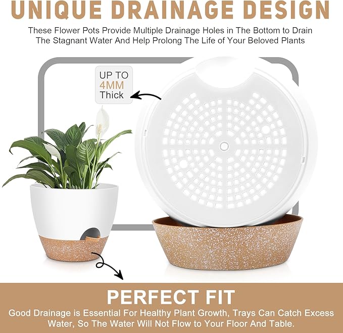12" 10" 9" Large Self Watering Plant Pots, 3 Pack Flower Pots Planters with Multi Mesh Drainage Holes for Indoor Outdoor Garden Plants and Flowers.