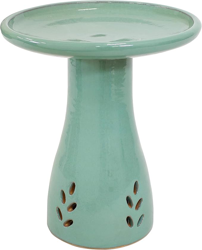 Sunnydaze 21" H Ceramic Bird Bath for Outside - Hand-Painted Outdoor Bird Bath Bowl, UV/Frost-Resistant Finish - Seafoam - Cut Out Pedestal