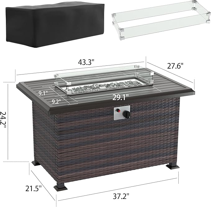 Kurapika Propane Fire Pit Table 43 Inch 55,000 BTU Auto-Ignition, CSA Certification Outdoor Rattan Gas Fire Pits with Slide Out Tank Holder, Outdoor Fire Tables Wider Desktop, Windshield and Lid