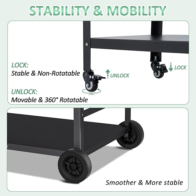 Spurgehom Outdoor Grill Cart, Pizza Oven Stand Table with Wheels Dining Cart for Outside Patio, Movable Kitchen Cooking Prep Table BBQ Cart with Mesh Racks for Home Party, Bar, Camping