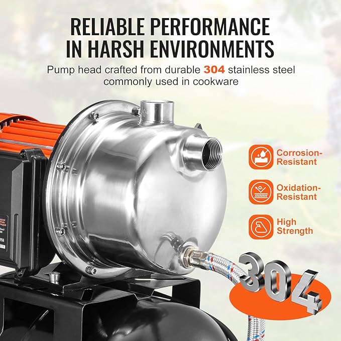 VEVOR 1 HP Shallow Well Pump with Pressure Tank, 1000 GPH, Automatic Irrigation Water Booster Pump with 130 ft Head Lift 20/40 PSI Pressure Switch, 304 Stainless Steel Pump Head for Home Garden Lawn