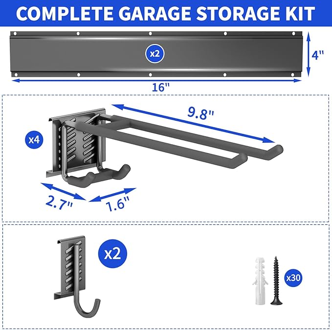Garage Organization Tool Organizer Wall Mount, 32inch Heavy Duty Garden Tool organizer Storage System, Easy Install With 6 Adjustable Hooks, For Garage, Basement, Shed, Workshop(Black)