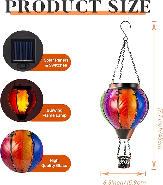 Solar Hot Air Balloon Lantern with Flame Outdoor Lights, Solar Lantern Gardening Gifts for Mom Grandmom, Hanging Hot Air Balloon Lights Outdoor Waterproof Decor for Patio