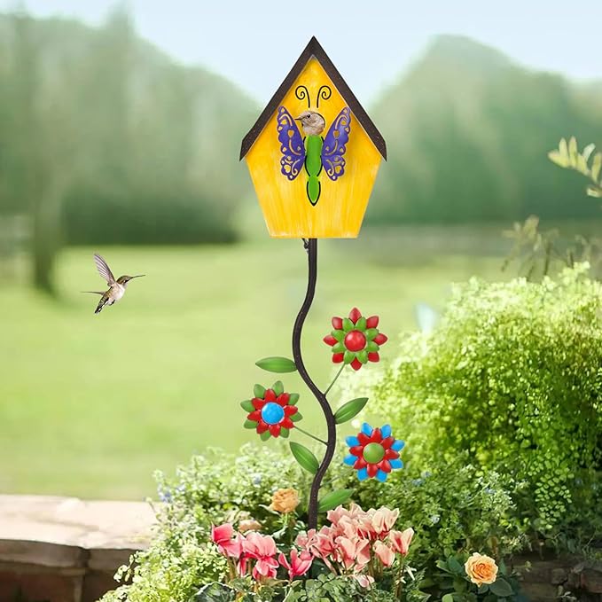 51” Bird Houses Stake for Outside, Metal Wild Bird Feeder Birdhouse Stake Pole with Butterfly Design Outdoor Decorations for Patio, Backyard, Garden