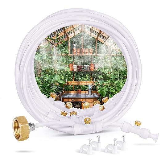 homenote Misting Cooling System, 59FT (18M) Misting Line + 16 Brass Mist Nozzles + Brass Adapter(3/4") Misters for Outside Patio Cooling Garden Greenhouse Watering