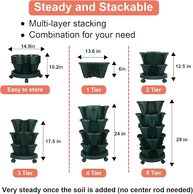 Vertical Planter 5 Tier Stackable Planters Garden Planters Strawberry Herb Flower and Vegetable Planter Indoor Outdoor Gardening Pots with Removable Wheels and Tools