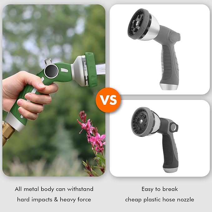 RESTMO Hose Nozzle Heavy Duty, Metal Water Hose Sprayer for Garden, 9 Spray Patterns | High Pressure | Thumb Flow Control | On/Off Valve, Ideal for Lawn & Plant Watering, Car & Pet Washing, Green
