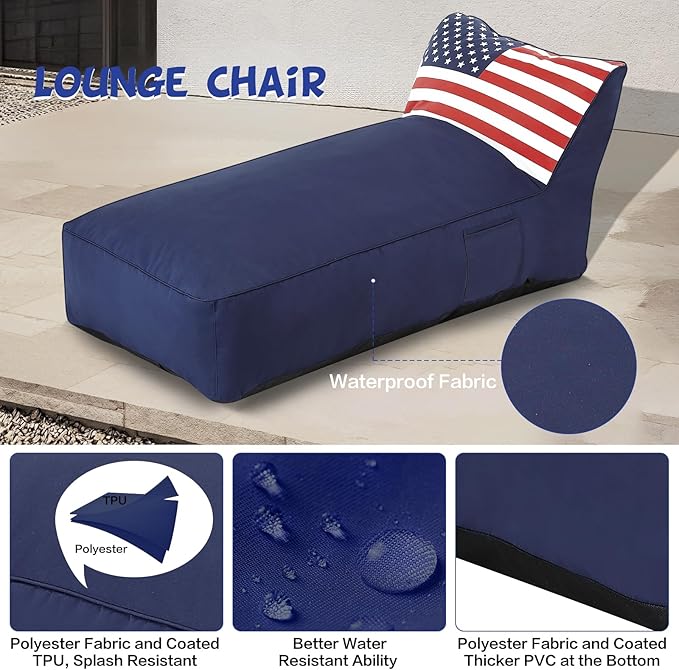 Outdoor Chaise Lounge Chair, Sunbed UV Resistant American Flag Sofa Couch Patio Waterproof Outside Sunlounge Reclining Sunbathing Bed Comfy Single Chaise Daybed for Garden, Pool, Beach, Navy Blue