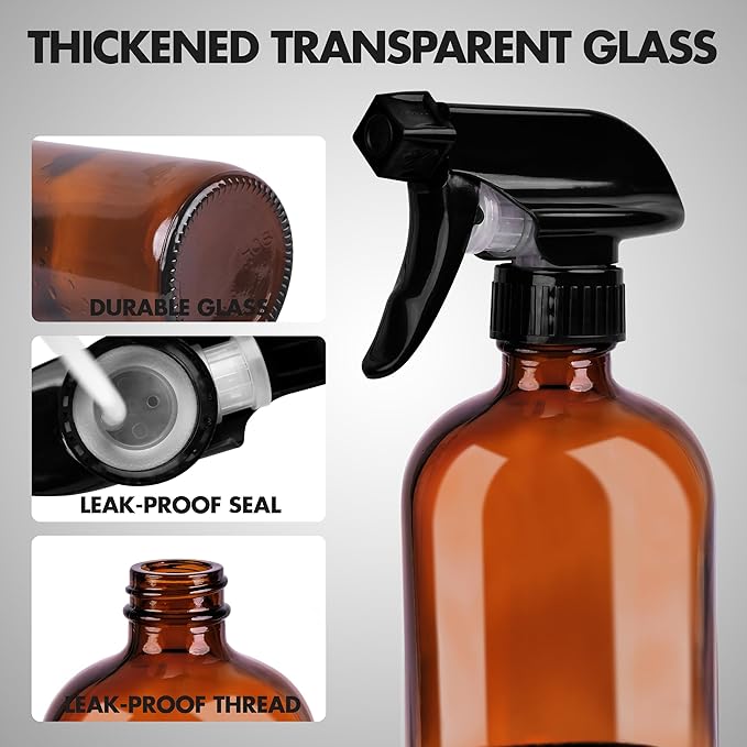 16oz Empty Glass Spray Bottle with Silicone Sleeve Protection - Refillable Containers for Cleaning Solutions, Essential Oils, Misting Plants - Including 2 Sprayers (Amber, 2 PACK)